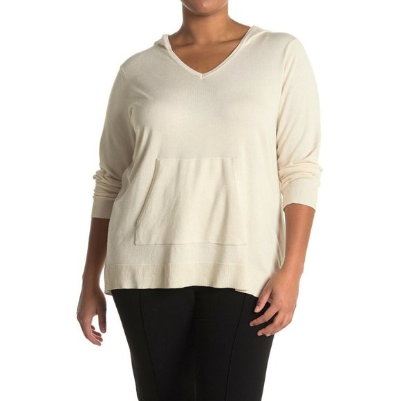 DEVOTION by CYRUS Kangaroo Pocket V-Neck Hoodie Knit Sweater Beige - Size 1X - Picture 1 of 5